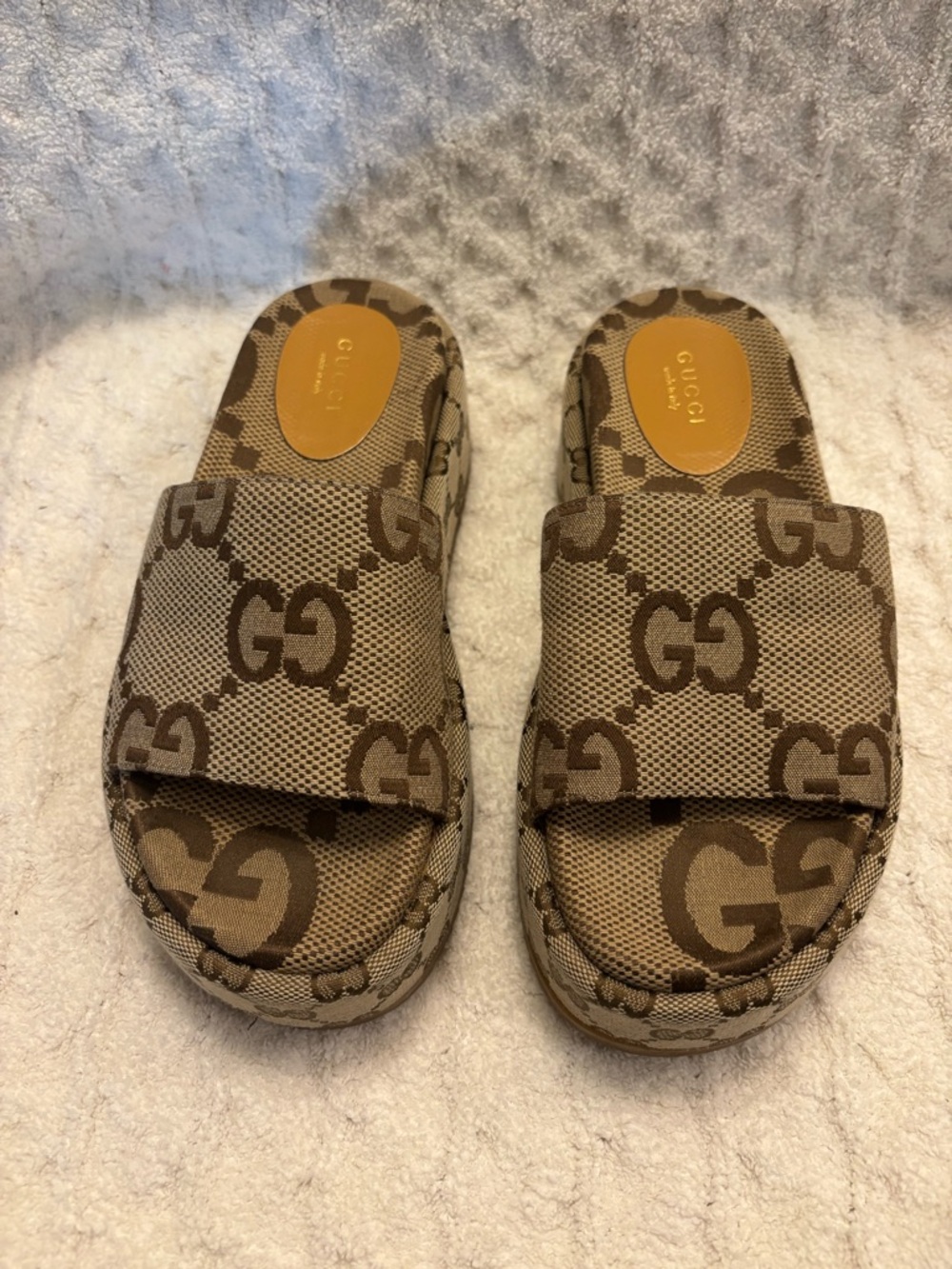 Gucci Beige & Brown GG Monogram Slide Sandals